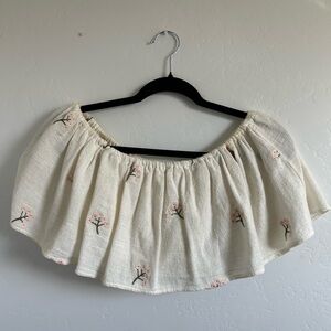 Zara White Floral Embroidered Off The Shoulder Crop Top